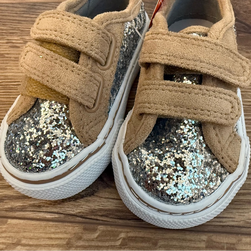 wonder nation Tan Suede-Look Sneakers with Silver Glitter Toe